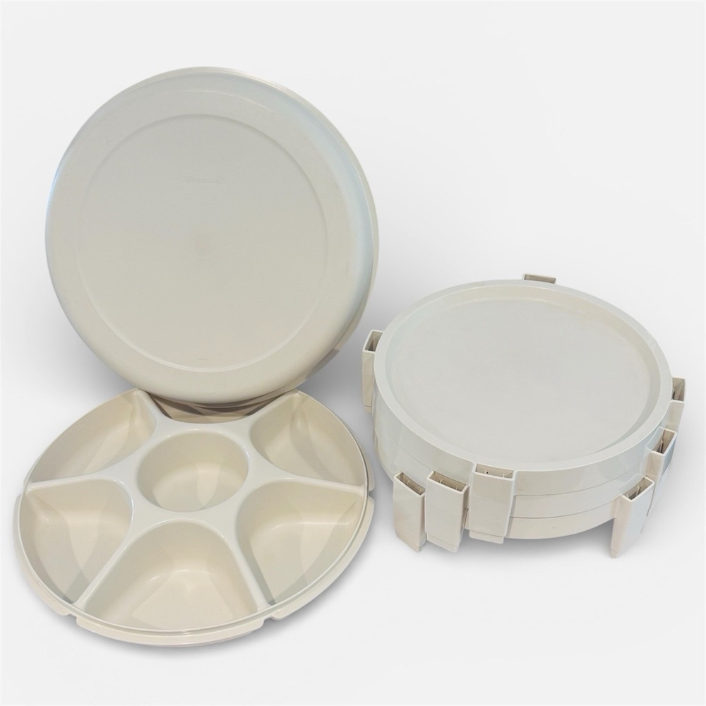 Vintage MCM Tupperware Divided Party Tray w Lid & 3‎ Tier Stacking Stands Almond